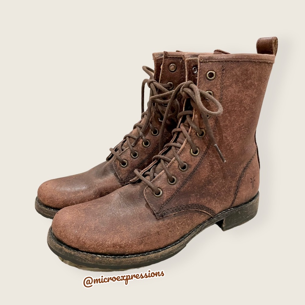 $378 Frye Veronica Combat Distress Brown Leather Lace Up Moto Combat Ankle Boot